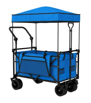 Carro de Jardín Plegable con Ruedas Grandes Bloqueables Barra Ajustable Portavasos para Campaña 125x59x133 cm Azul