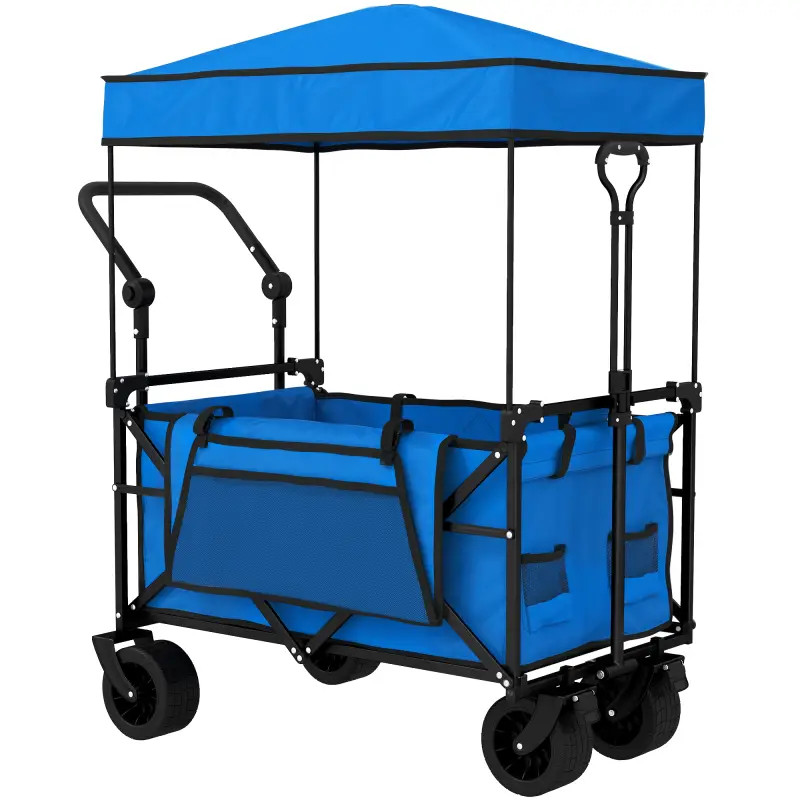 Carro de Jardín Plegable con Ruedas Grandes Bloqueables Barra Ajustable Portavasos para Campaña 125x59x133 cm Azul
