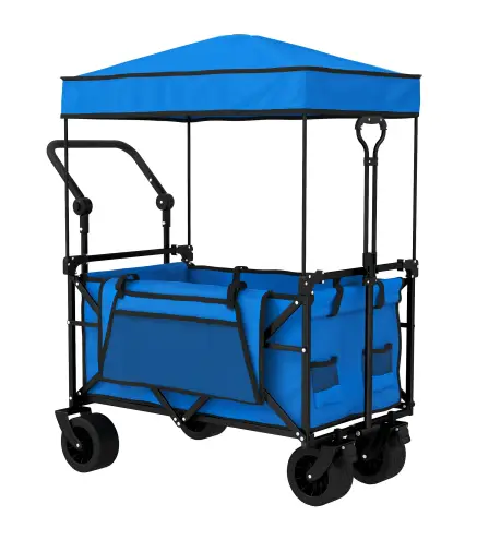 Carro de Jardín Plegable con Ruedas Grandes Bloqueables Barra Ajustable Portavasos para Campaña 125x59x133 cm Azul