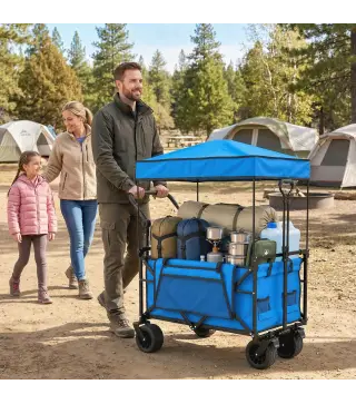 Carro de Jardín Plegable con Ruedas Grandes Bloqueables Barra Ajustable Portavasos para Campaña 125x59x133 cm Azul