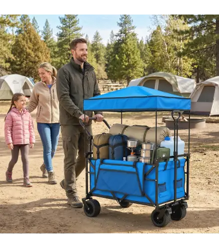 Carro de Jardín Plegable con Ruedas Grandes Bloqueables Barra Ajustable Portavasos para Campaña 125x59x133 cm Azul