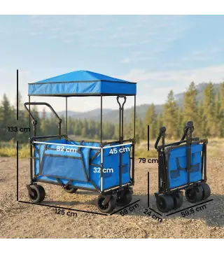 Carro de Jardín Plegable con Ruedas Grandes Bloqueables Barra Ajustable Portavasos para Campaña 125x59x133 cm Azul