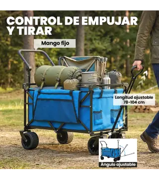 Carro de Jardín Plegable con Ruedas Grandes Bloqueables Barra Ajustable Portavasos para Campaña 125x59x133 cm Azul