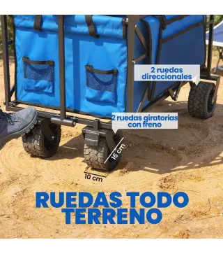 Carro de Jardín Plegable con Ruedas Grandes Bloqueables Barra Ajustable Portavasos para Campaña 125x59x133 cm Azul