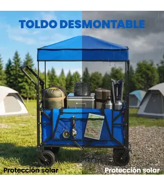 Carro de Jardín Plegable con Ruedas Grandes Bloqueables Barra Ajustable Portavasos para Campaña 125x59x133 cm Azul