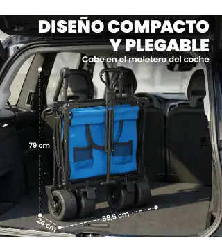 Carro de Jardín Plegable con Ruedas Grandes Bloqueables Barra Ajustable Portavasos para Campaña 125x59x133 cm Azul