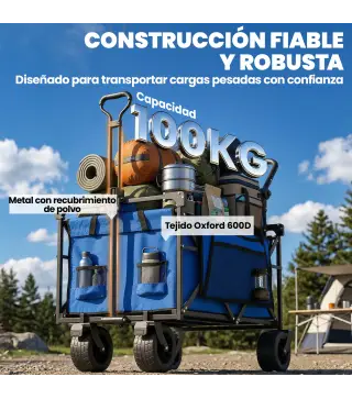 Carro de Jardín Plegable con Ruedas Grandes Bloqueables Barra Ajustable Portavasos para Campaña 125x59x133 cm Azul