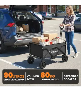 Carro de Jardín Plegable con Ruedas Bloqueables Mango Ajustable Portavasos Carga 80 kg para Campaña 85x50x99 cm Negro