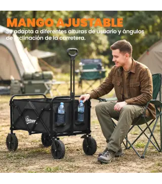 Carro de Jardín Plegable con Ruedas Bloqueables Mango Ajustable Portavasos Carga 80 kg para Campaña 85x50x99 cm Negro