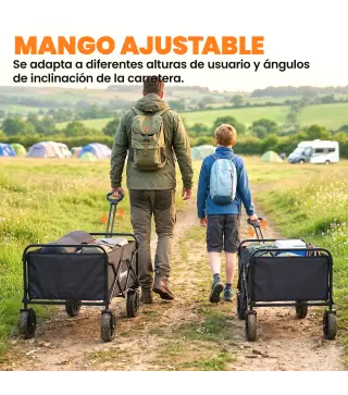 Carro de Jardín Plegable con Ruedas Bloqueables Mango Ajustable Portavasos Carga 80 kg para Campaña 85x50x99 cm Negro