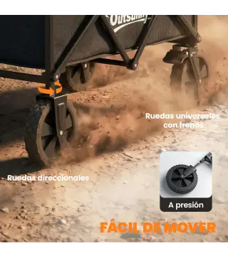 Carro de Jardín Plegable con Ruedas Bloqueables Mango Ajustable Portavasos Carga 80 kg para Campaña 85x50x99 cm Negro