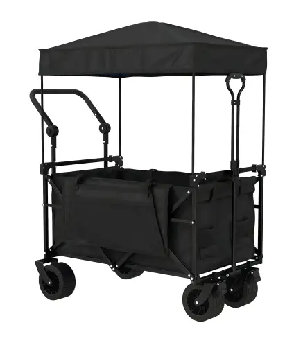 Carro de Jardín Plegable con Ruedas Grandes Bloqueables Barra Ajustable Portavasos para Campaña 125x59x133 cm Negro