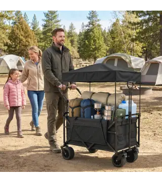 Carro de Jardín Plegable con Ruedas Grandes Bloqueables Barra Ajustable Portavasos para Campaña 125x59x133 cm Negro