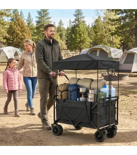 Carro de Jardín Plegable con Ruedas Grandes Bloqueables Barra Ajustable Portavasos para Campaña 125x59x133 cm Negro