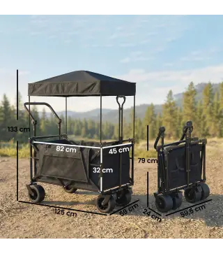 Carro de Jardín Plegable con Ruedas Grandes Bloqueables Barra Ajustable Portavasos para Campaña 125x59x133 cm Negro