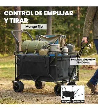 Carro de Jardín Plegable con Ruedas Grandes Bloqueables Barra Ajustable Portavasos para Campaña 125x59x133 cm Negro