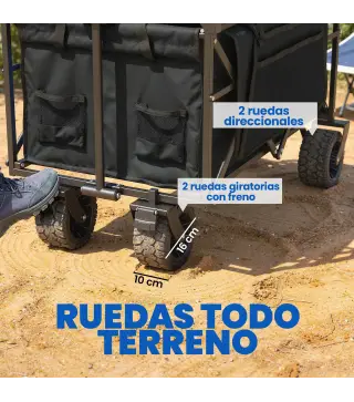 Carro de Jardín Plegable con Ruedas Grandes Bloqueables Barra Ajustable Portavasos para Campaña 125x59x133 cm Negro
