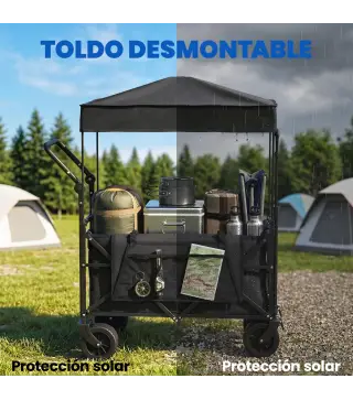 Carro de Jardín Plegable con Ruedas Grandes Bloqueables Barra Ajustable Portavasos para Campaña 125x59x133 cm Negro