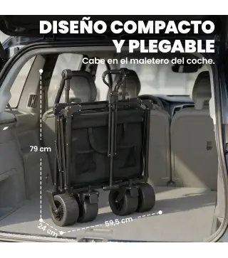 Carro de Jardín Plegable con Ruedas Grandes Bloqueables Barra Ajustable Portavasos para Campaña 125x59x133 cm Negro