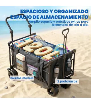 Carro de Jardín Plegable con Ruedas Grandes Bloqueables Barra Ajustable Portavasos para Campaña 125x59x133 cm Negro