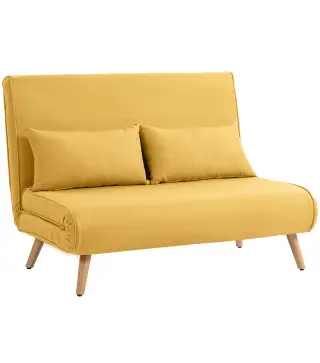 Sofá Cama de 2 Plazas Plegable Sofá Cama Tapizado en Lino con Respaldo Ajustable 5 Posiciones 2 Almohadas Amarillo
