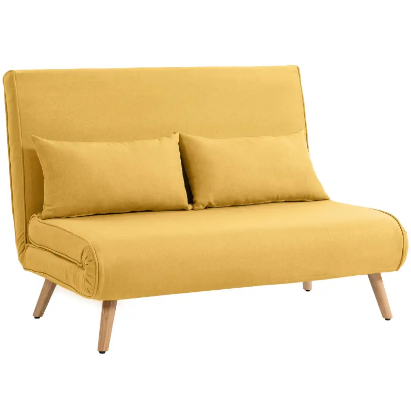 Sofá Cama de 2 Plazas Plegable Sofá Cama Tapizado en Lino con Respaldo Ajustable 5 Posiciones 2 Almohadas Amarillo