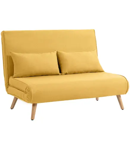 Sofá Cama de 2 Plazas Plegable Sofá Cama Tapizado en Lino con Respaldo Ajustable 5 Posiciones 2 Almohadas Amarillo