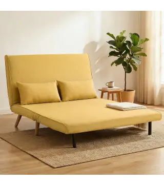 Sofá Cama de 2 Plazas Plegable Sofá Cama Tapizado en Lino con Respaldo Ajustable 5 Posiciones 2 Almohadas Amarillo
