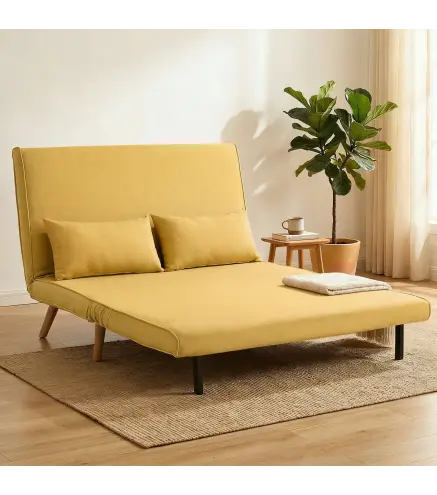 Sofá Cama de 2 Plazas Plegable Sofá Cama Tapizado en Lino con Respaldo Ajustable 5 Posiciones 2 Almohadas Amarillo