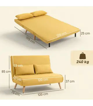 Sofá Cama de 2 Plazas Plegable Sofá Cama Tapizado en Lino con Respaldo Ajustable 5 Posiciones 2 Almohadas Amarillo