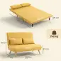 Sofá Cama de 2 Plazas Plegable Sofá Cama Tapizado en Lino con Respaldo Ajustable 5 Posiciones 2 Almohadas Amarillo