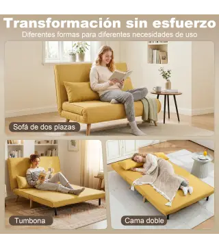 Sofá Cama de 2 Plazas Plegable Sofá Cama Tapizado en Lino con Respaldo Ajustable 5 Posiciones 2 Almohadas Amarillo