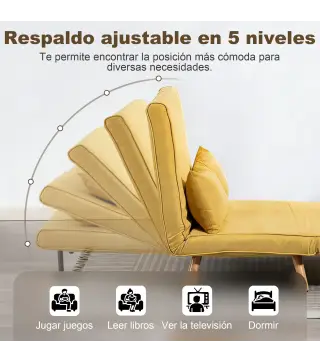Sofá Cama de 2 Plazas Plegable Sofá Cama Tapizado en Lino con Respaldo Ajustable 5 Posiciones 2 Almohadas Amarillo