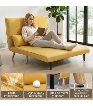 Sofá Cama de 2 Plazas Plegable Sofá Cama Tapizado en Lino con Respaldo Ajustable 5 Posiciones 2 Almohadas Amarillo