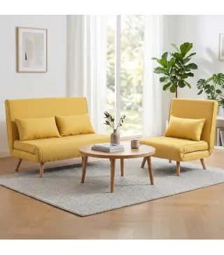 Sofá Cama de 2 Plazas Plegable Sofá Cama Tapizado en Lino con Respaldo Ajustable 5 Posiciones 2 Almohadas Amarillo