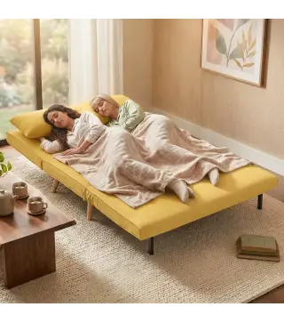 Sofá Cama de 2 Plazas Plegable Sofá Cama Tapizado en Lino con Respaldo Ajustable 5 Posiciones 2 Almohadas Amarillo