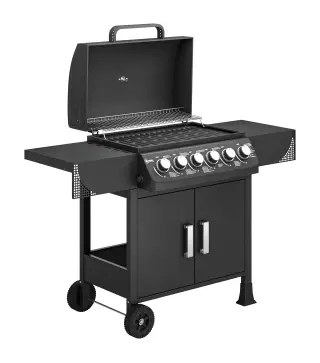 Barbacoa de Gas con 6 Quemadores 15 kW Termómetro Parrilla Mesas Laterales Armario y Ruedas 135x51x101 cm Negro