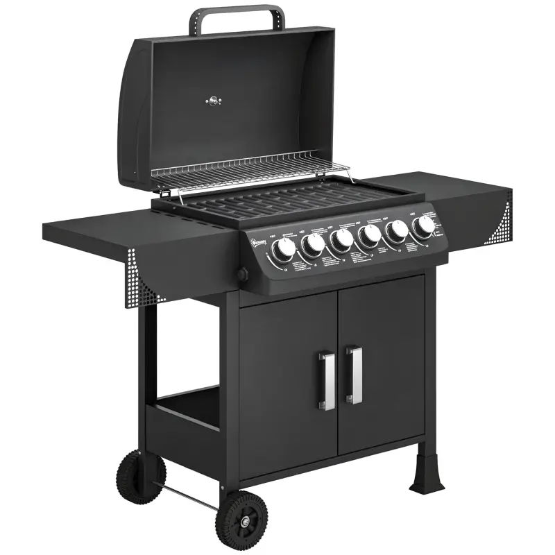 Barbacoa de Gas con 6 Quemadores 15 kW Termómetro Parrilla Mesas Laterales Armario y Ruedas 135x51x101 cm Negro Barbacoa de Gas con 6 Quemadores 15 kW Termómetro Parrilla Mesas Laterales Armario y Ruedas 135x51x101 cm Negro