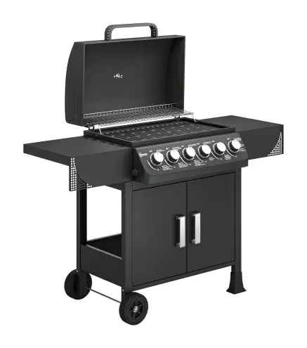 Barbacoa de Gas con 6 Quemadores 15 kW Termómetro Parrilla Mesas Laterales Armario y Ruedas 135x51x101 cm Negro