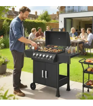 Barbacoa de Gas con 6 Quemadores 15 kW Termómetro Parrilla Mesas Laterales Armario y Ruedas 135x51x101 cm Negro