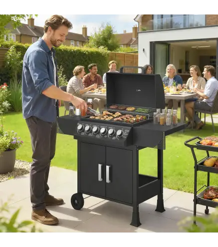 Barbacoa de Gas con 6 Quemadores 15 kW Termómetro Parrilla Mesas Laterales Armario y Ruedas 135x51x101 cm Negro