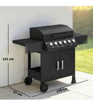 Barbacoa de Gas con 6 Quemadores 15 kW Termómetro Parrilla Mesas Laterales Armario y Ruedas 135x51x101 cm Negro