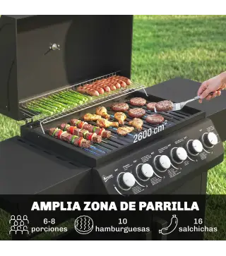 Barbacoa de Gas con 6 Quemadores 15 kW Termómetro Parrilla Mesas Laterales Armario y Ruedas 135x51x101 cm Negro