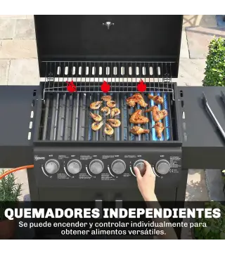 Barbacoa de Gas con 6 Quemadores 15 kW Termómetro Parrilla Mesas Laterales Armario y Ruedas 135x51x101 cm Negro