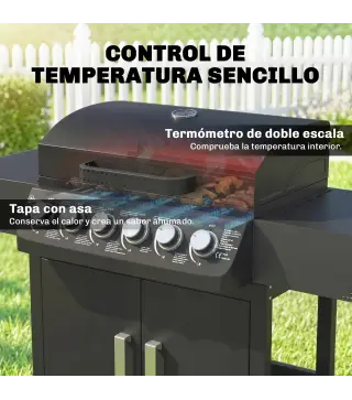 Barbacoa de Gas con 6 Quemadores 15 kW Termómetro Parrilla Mesas Laterales Armario y Ruedas 135x51x101 cm Negro