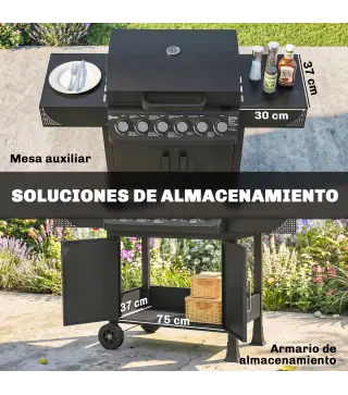Barbacoa de Gas con 6 Quemadores 15 kW Termómetro Parrilla Mesas Laterales Armario y Ruedas 135x51x101 cm Negro