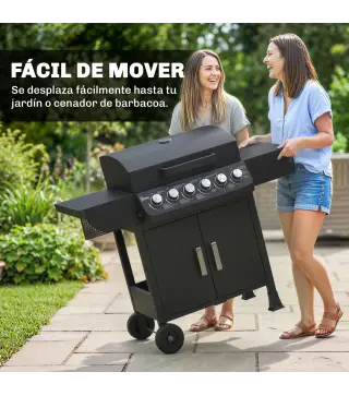 Barbacoa de Gas con 6 Quemadores 15 kW Termómetro Parrilla Mesas Laterales Armario y Ruedas 135x51x101 cm Negro
