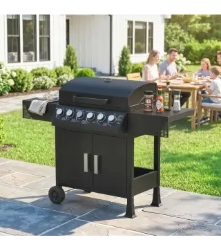 Barbacoa de Gas con 6 Quemadores 15 kW Termómetro Parrilla Mesas Laterales Armario y Ruedas 135x51x101 cm Negro