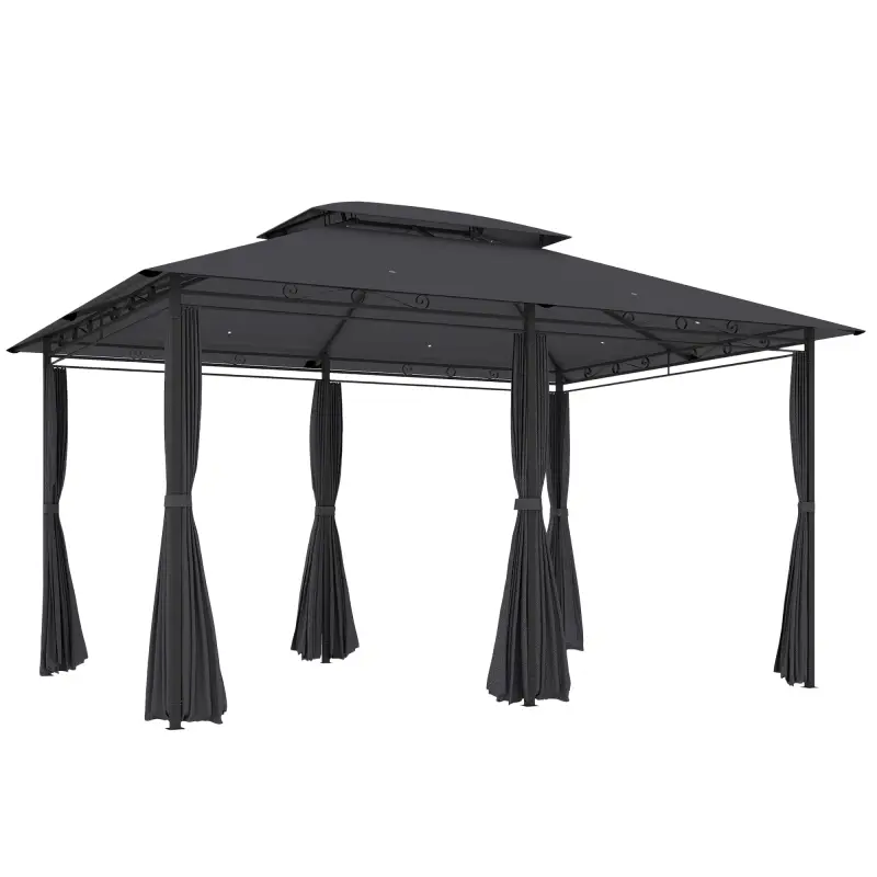 Cenador para Jardín 3x4 m Pabellón de Jardín Gazebo con Doble Techo 6 Paredes Laterales Estructura Metálica Gris