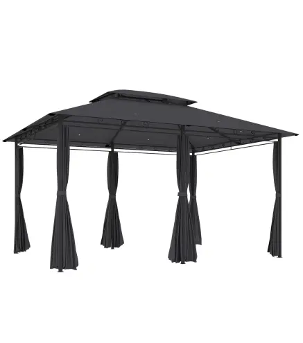 Cenador para Jardín 3x4 m Pabellón de Jardín Gazebo con Doble Techo 6 Paredes Laterales Estructura Metálica Gris